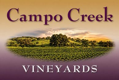 Campo Creek Vineyards logo with a scenic vineyard landscape illustration.