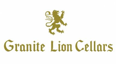 Logo with a golden lion and Gothic text for Granite Lion Cellars.