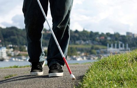 Person who is blind walking in a park using a white cane
