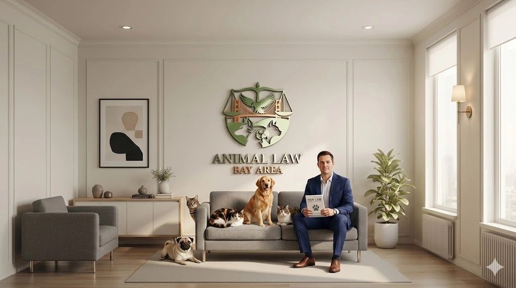 Lawyer sitting on couch in his law office, along with several dogs and cats.