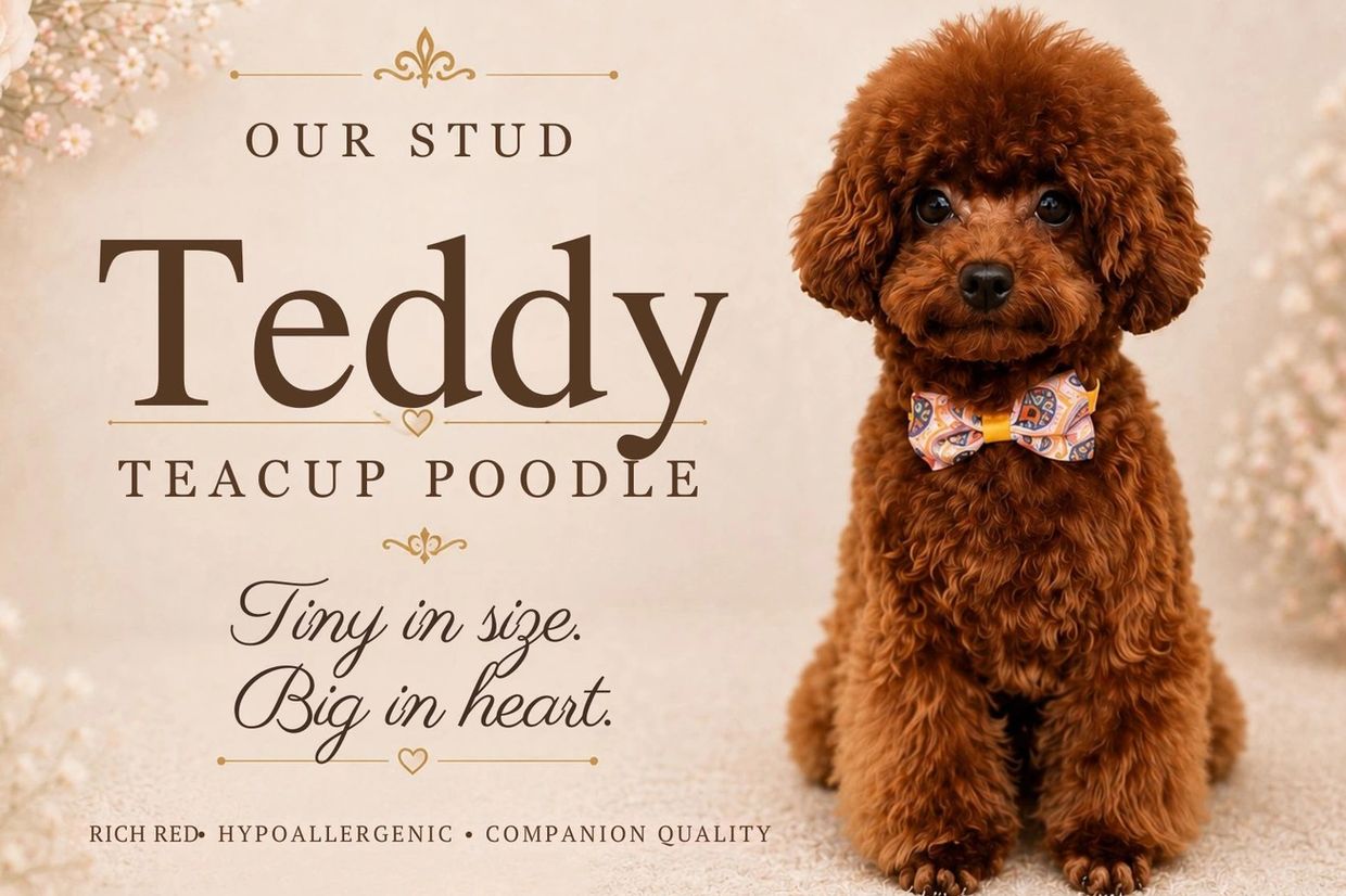 Cute red teacup poodle named Teddy with a colorful bow tie.