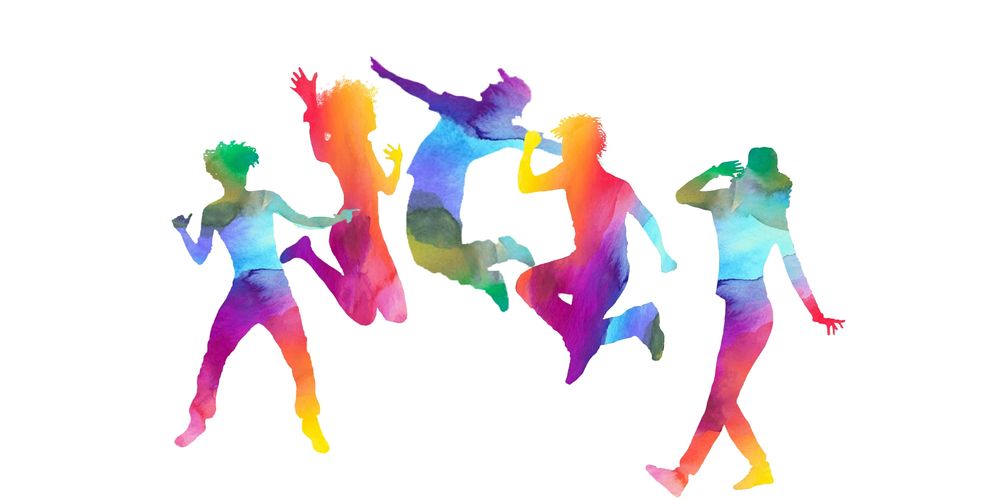 Colourful happy young people jumping. 