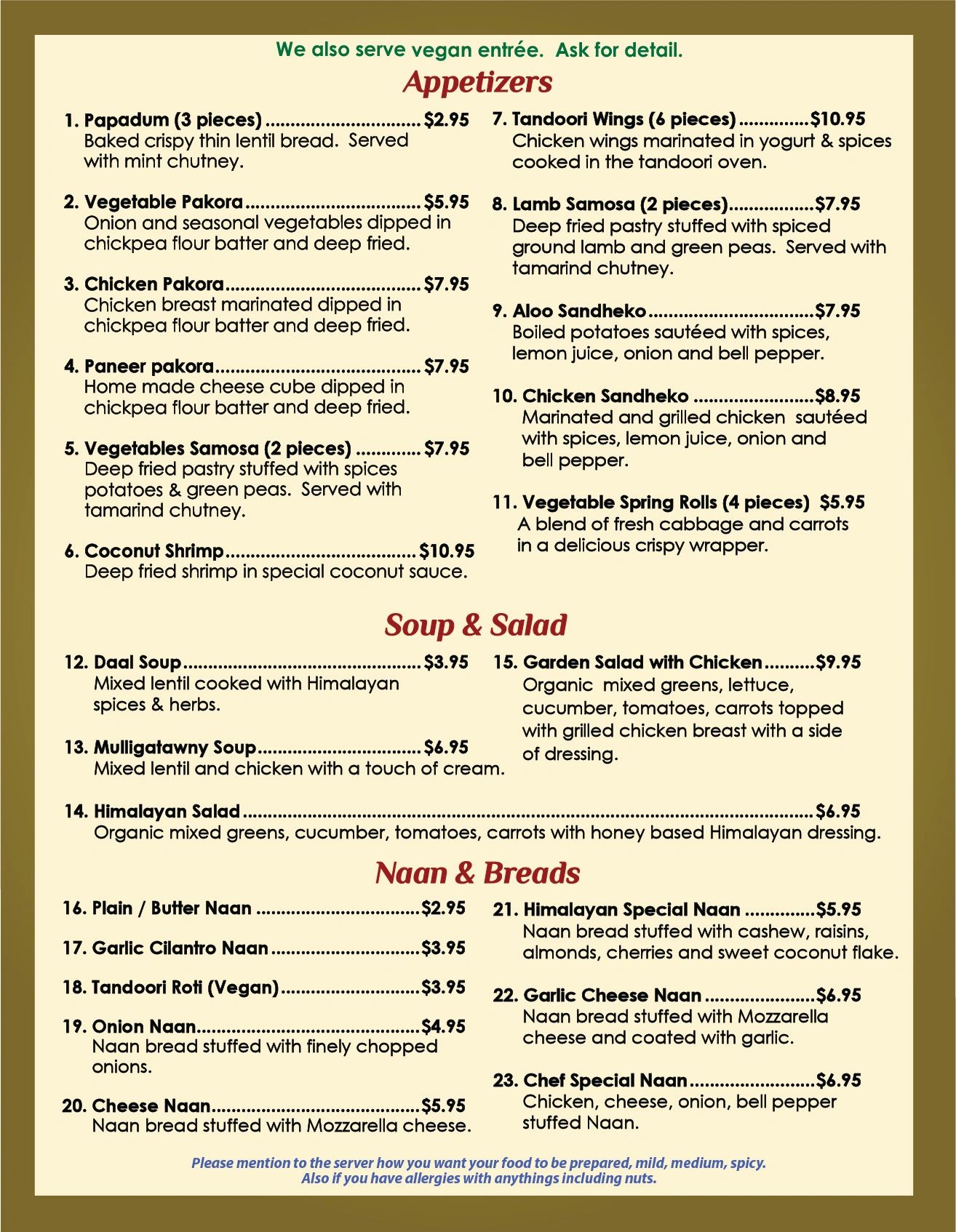 Indian restaurant menu featuring appetizers, soups, salads, and naan breads.