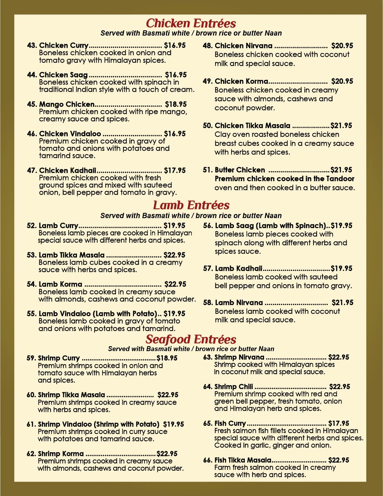 Indian cuisine menu featuring chicken, lamb, seafood entrees with prices.