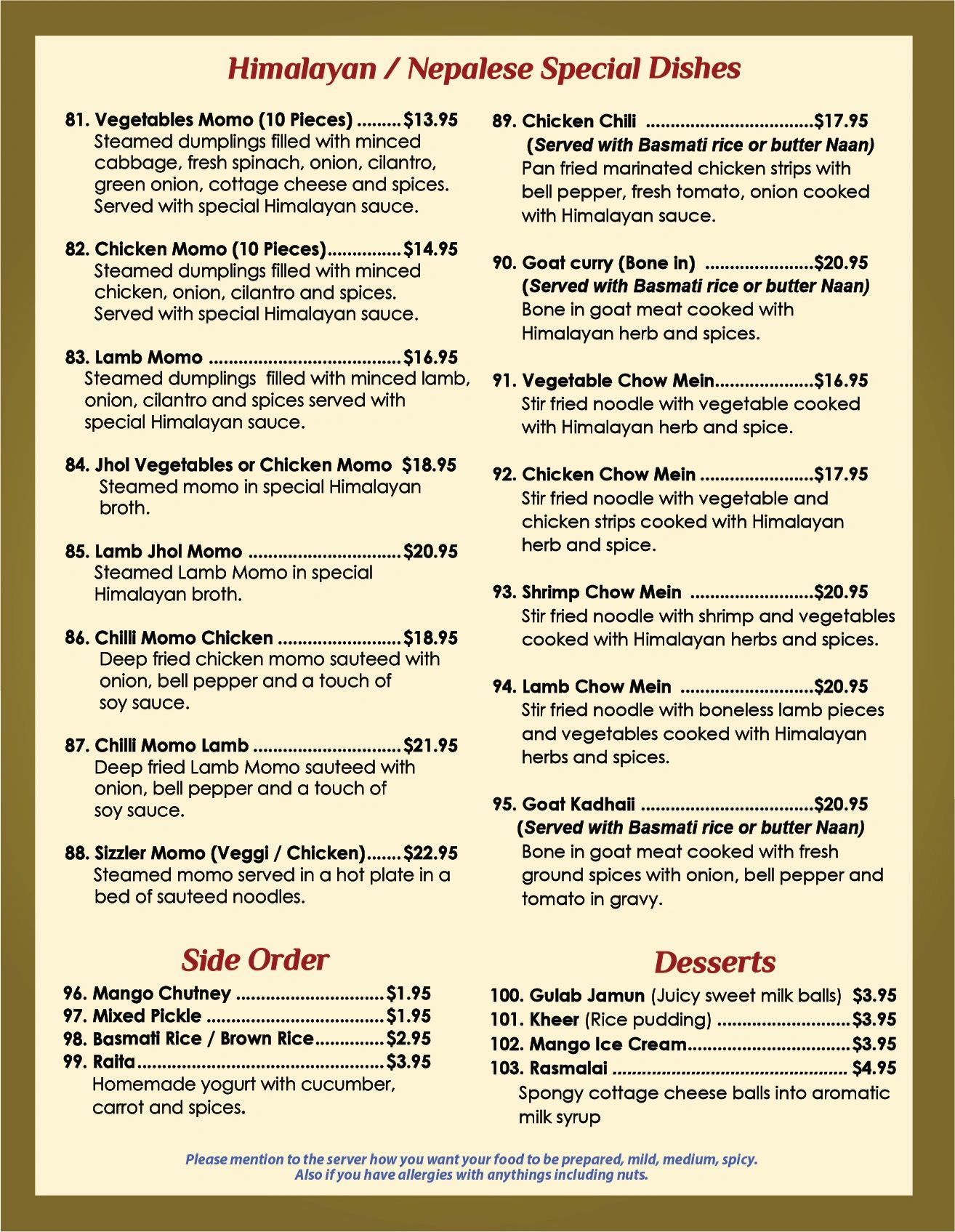 Menu of Himalayan and Nepalese special dishes including momos, chow mein, and curries.