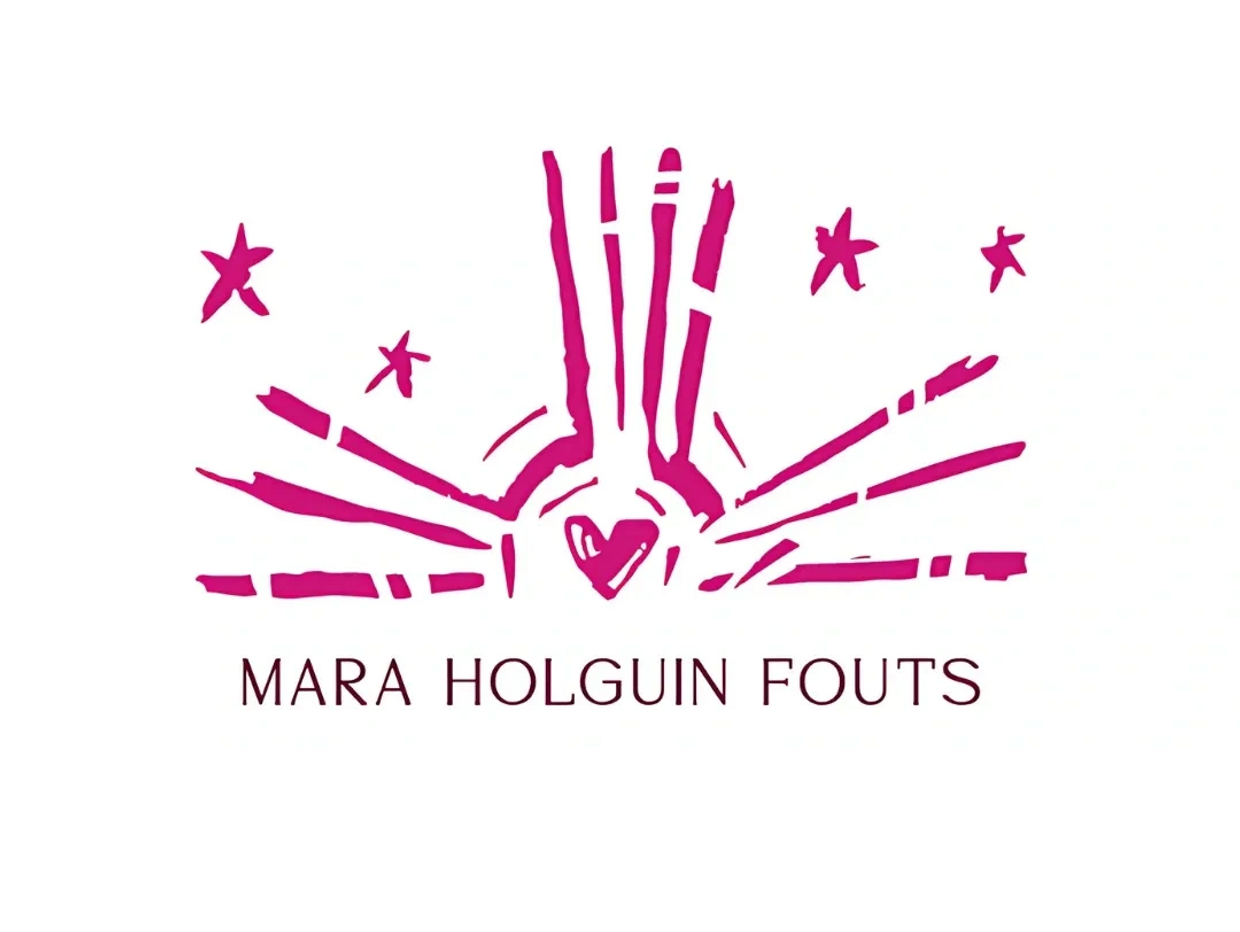 Stylized pink heart with rays and stars, text reads Mara Holguin Fouts.