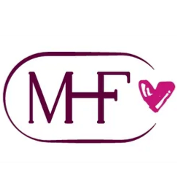 Logo with letters 'MF' and a pink heart on a white background.