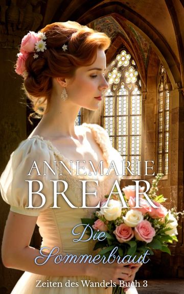 A bride in a vintage dress holding a bouquet in a sunlit chapel.