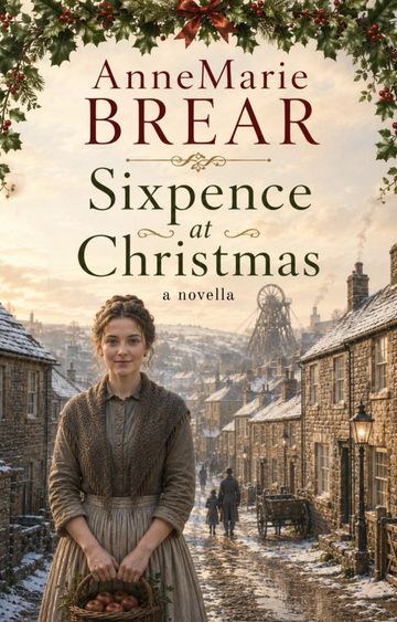 Cover of 'Sixpence at Christmas' novella by AnneMarie Brear featuring a woman in historic attire.