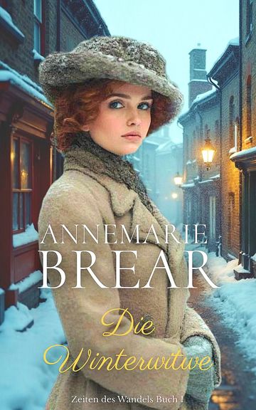 Book cover of a winter novel featuring a woman in vintage clothing on a snowy street.
