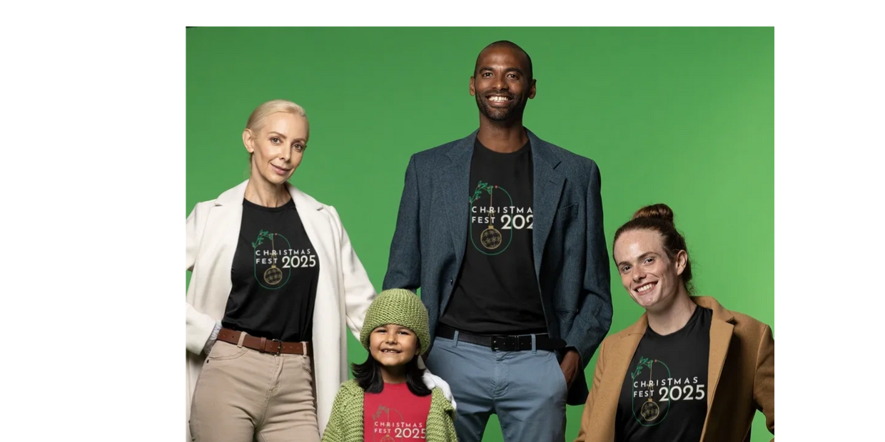 A diverse group wearing Christmas Fest 2025 shirts against a green backdrop.