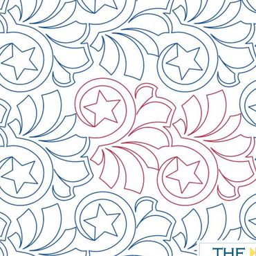 Seamless floral pattern with stars in blue and red outlines.