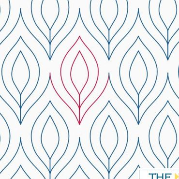 Abstract pattern with blue and red symmetrical leaf-like shapes on white.