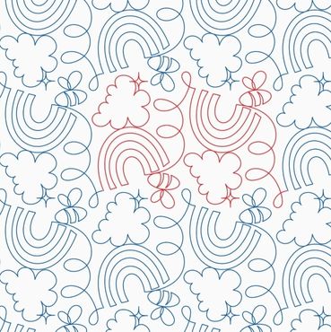 Seamless pattern of rainbows and clouds in line art style.