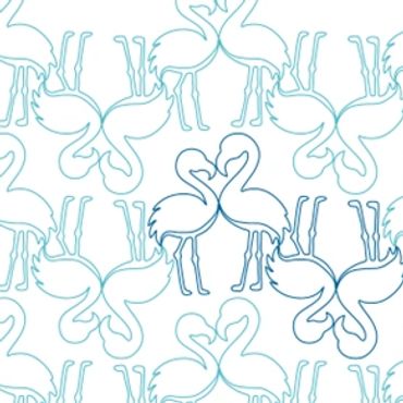 Seamless pattern of flamingos forming heart shapes with their necks in blue outlines.