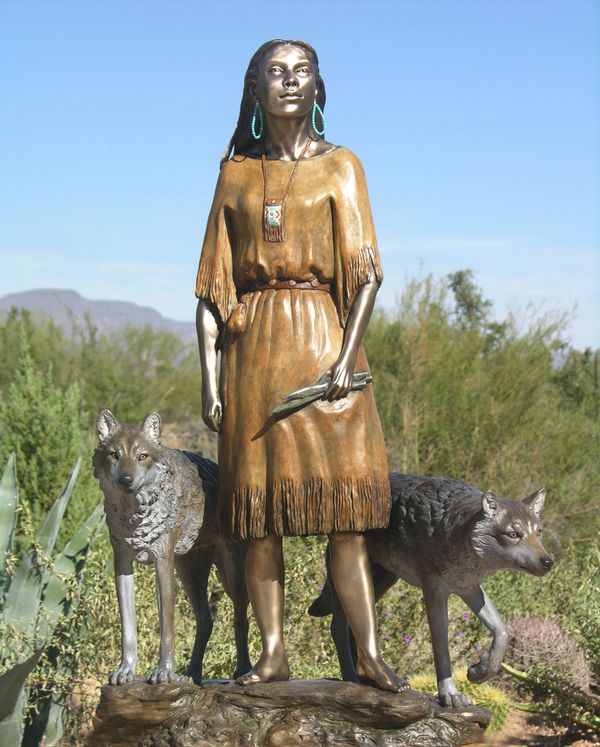 Walks with Wolves bronze Native American sculpture. 32" / 82 cm high.