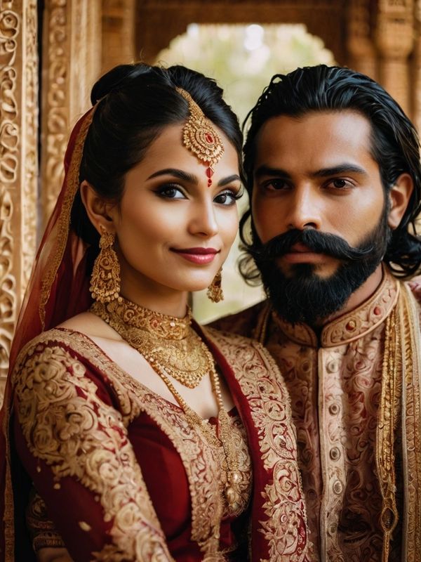 Indian bride and groom in traditional attire, adorned with gold jewelry, elegance and tradition.