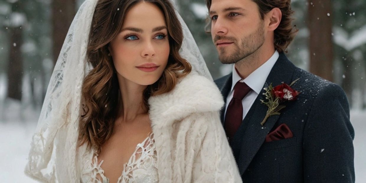 Bride in lace gown with groom in suit, standing in a snowy forest, holding a winter rose bouquet.