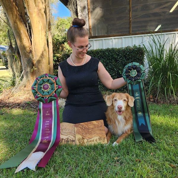 Woman with dog holding two award ribbons sitting on grass.