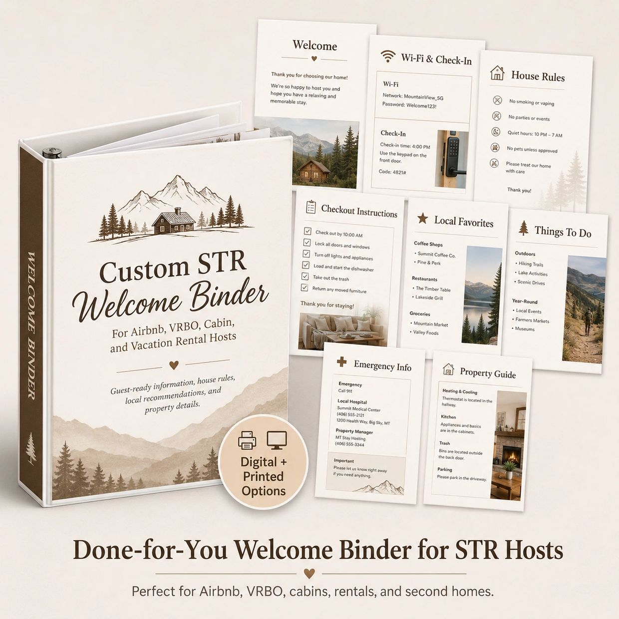 Custom STR Welcome Binder for Airbnb, VRBO, and vacation rental hosts.