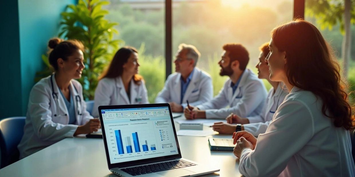 Doctors meeting with a laptop showing data.