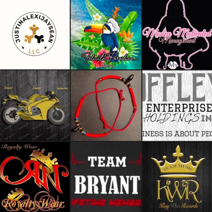A collage of various logos and designs representing different brands and themes.