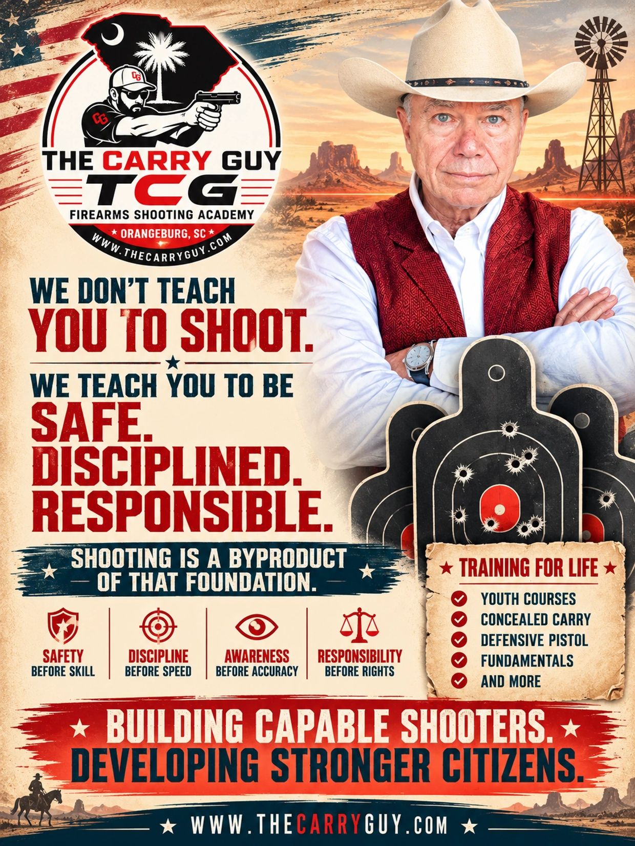 Firearms training emphasizing safety, discipline, and responsibility.