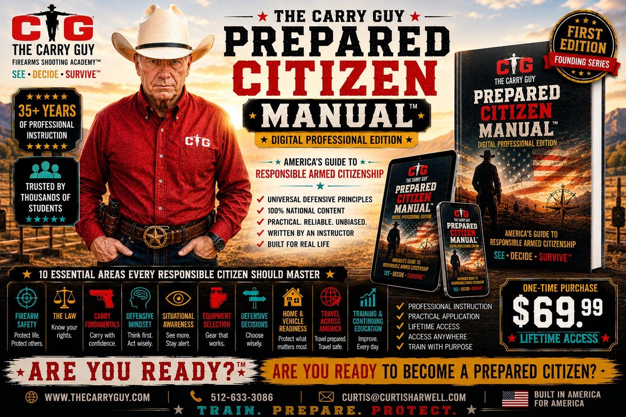 The Carry Guy Prepared Citizen Manual promotional image with key highlights.