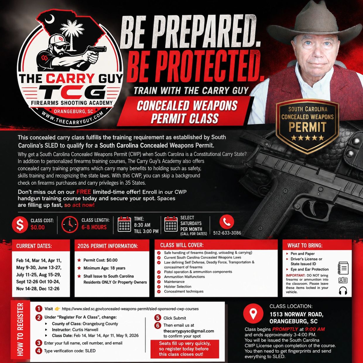 Advertisement for South Carolina Concealed Weapons Permit Class by The Carry Guy.