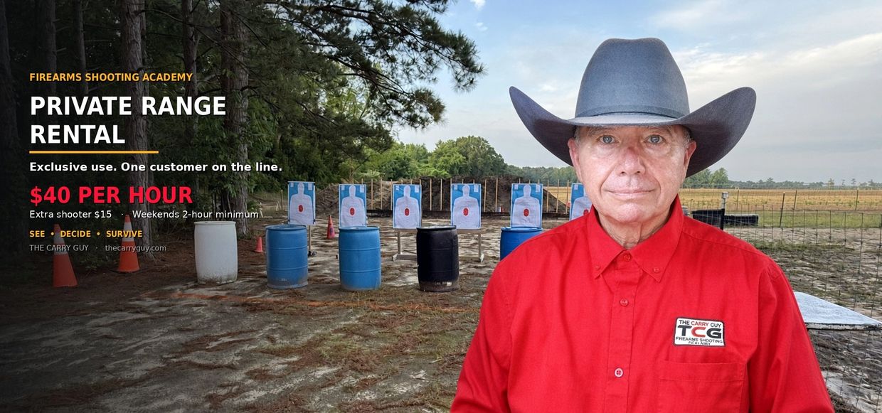 Man in red shirt and cowboy hat at shooting range rental.