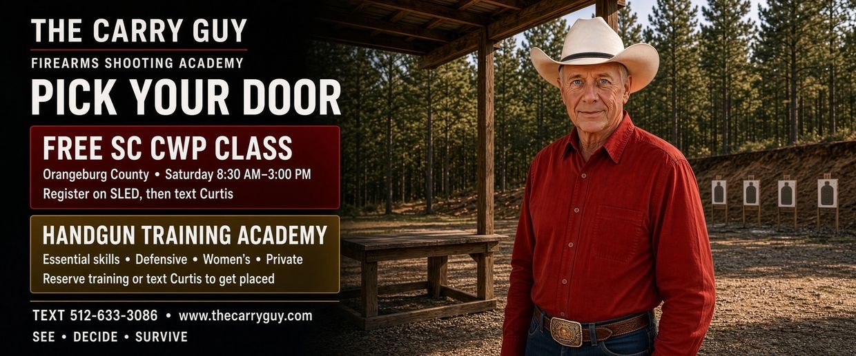 Man in cowboy hat promoting firearms training classes.