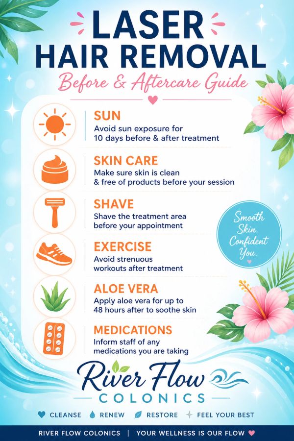 Laser hair removal before and aftercare guide with tips for sun, skin care, shaving, exercise, aloe vera, and medications.