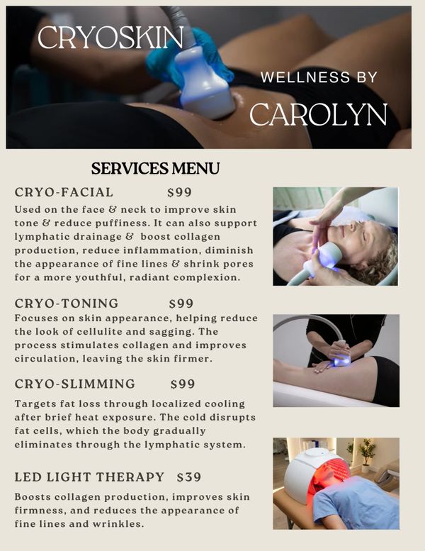 Cryoskin wellness services menu with facial, toning, slimming, and LED light therapy treatments.