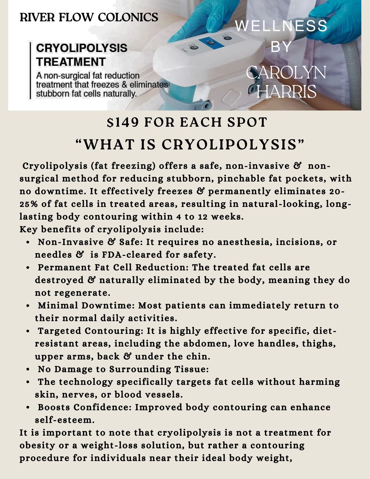 Informative poster on cryolipolysis fat reduction treatment by Carolyn Harris.