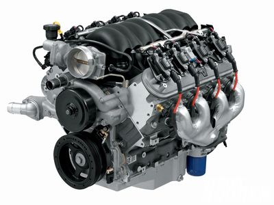 High-performance V8 engine with visible intake and exhaust components.