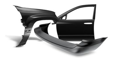 Car body parts including a door, fender, and bumper in black.