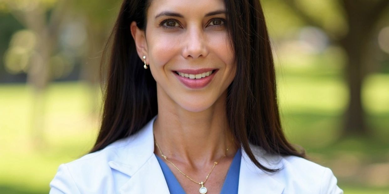 Confident female doctor smiling outdoors in a white coat.