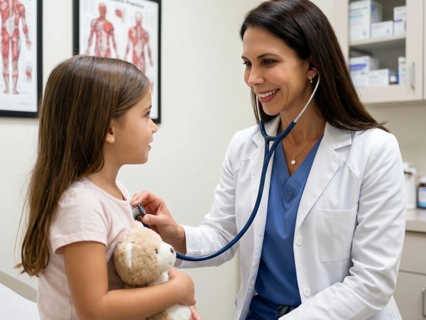 Doctor using stethoscope to check a young girl's heartbeat in a clinic.