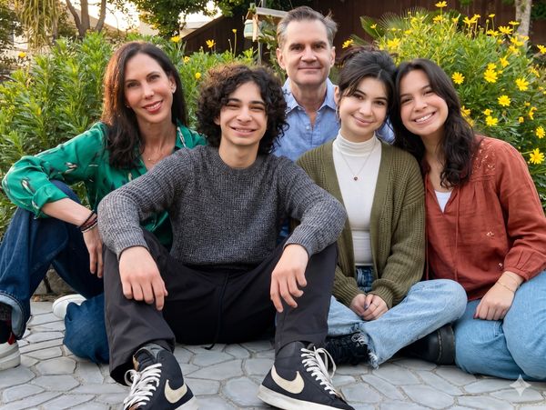 Smiling family of five sitting outdoors in a garden with yellow flowers.