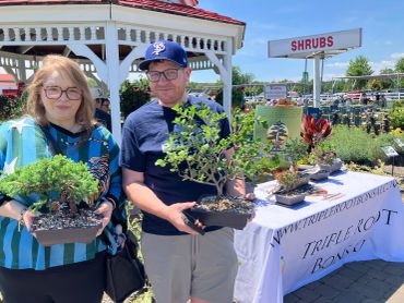Two people holding bonsai plants at an outdoor plant sale booth.