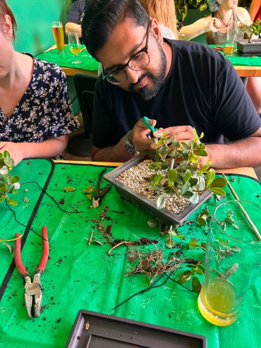 Man gardening indoors with bonsai tree tools.