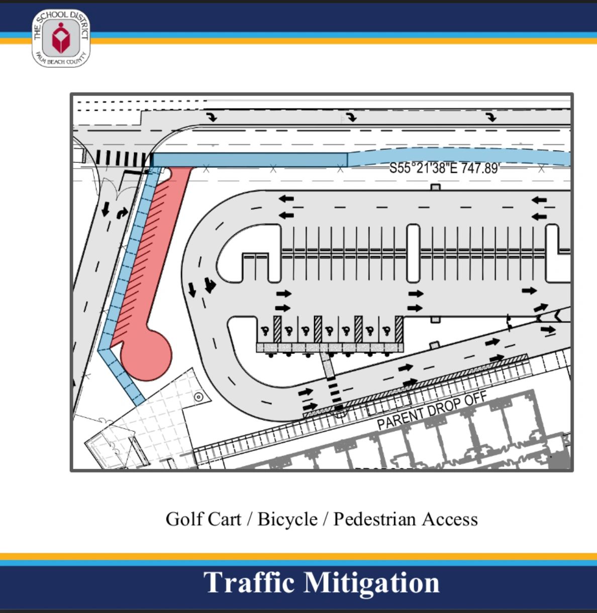 The light blue track is the pedestrian/bike path; the pink track is the golf cart path with parking and a roundabout