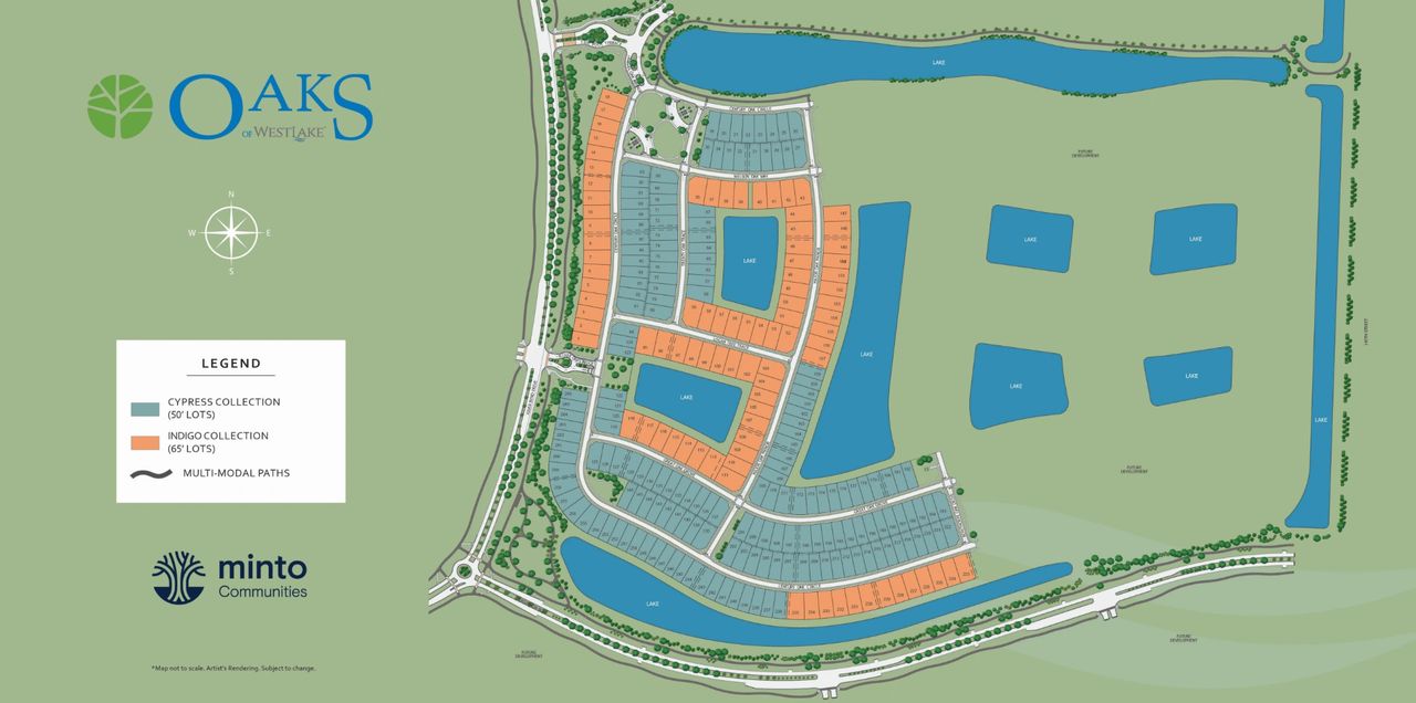 Light blue lots are 50' Cypress lots; hot orange lots are 65' Indigo lots