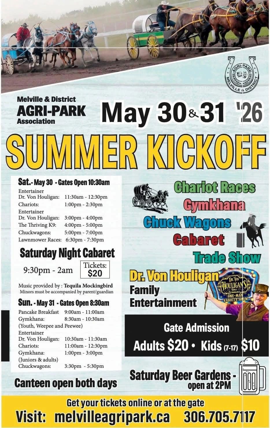 Melville &amp; District Agri-Park Summer Kickoff event with chariot races and family entertainment on May 30-31, 2026.