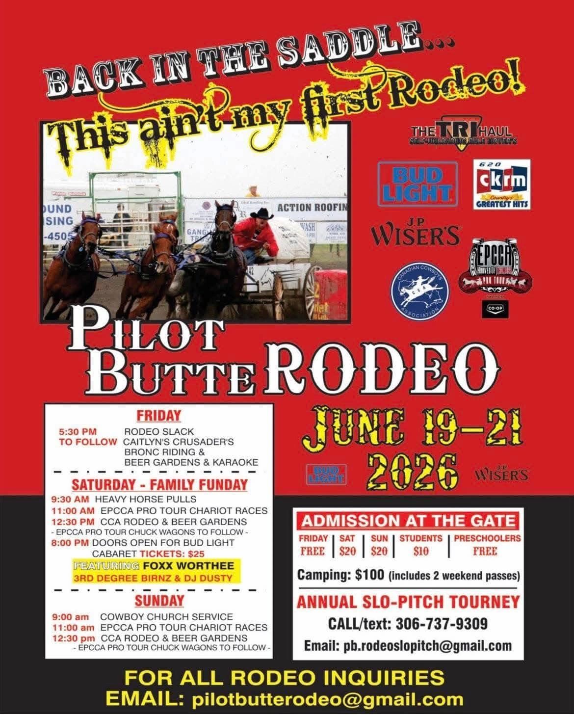 Pilot Butte Rodeo event June 19-21, 2026 with rodeo activities, music, and family fun.