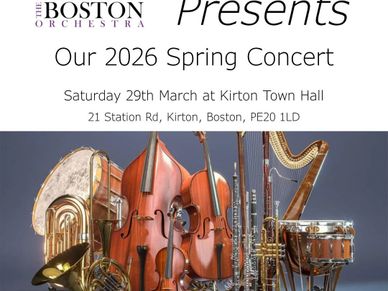 Poster for Boston Orchestra's 2026 Spring Concert with various orchestral instruments.