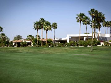 A sunny golf course with palm trees and modern buildings.