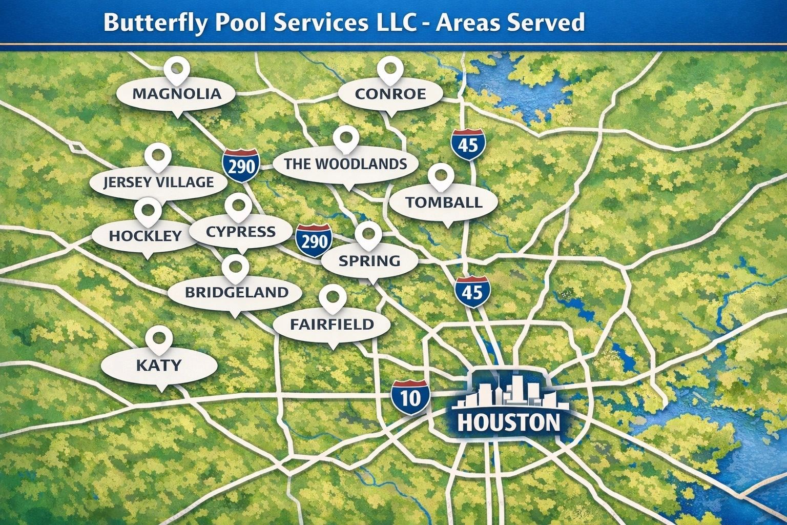 Magnolia, Conroe, The Woodlands, Jersey Village, Hockley, Cypress, Spring, Katy, Tomball, Bridgeland