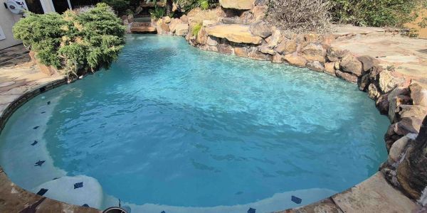 Clear backyard swimming pool surrounded by rocks and plants.