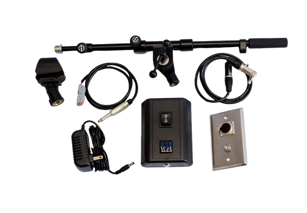 Microphone boom arm and audio equipment with cables and power adapter. 